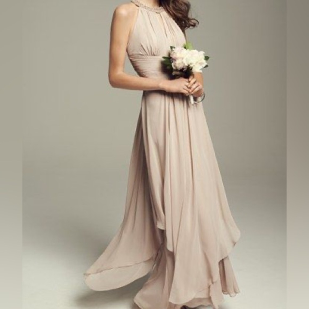 Eliza J Sleeveless Halter Chiffon Bridal Party Prom Dress Champagne Color Size 6